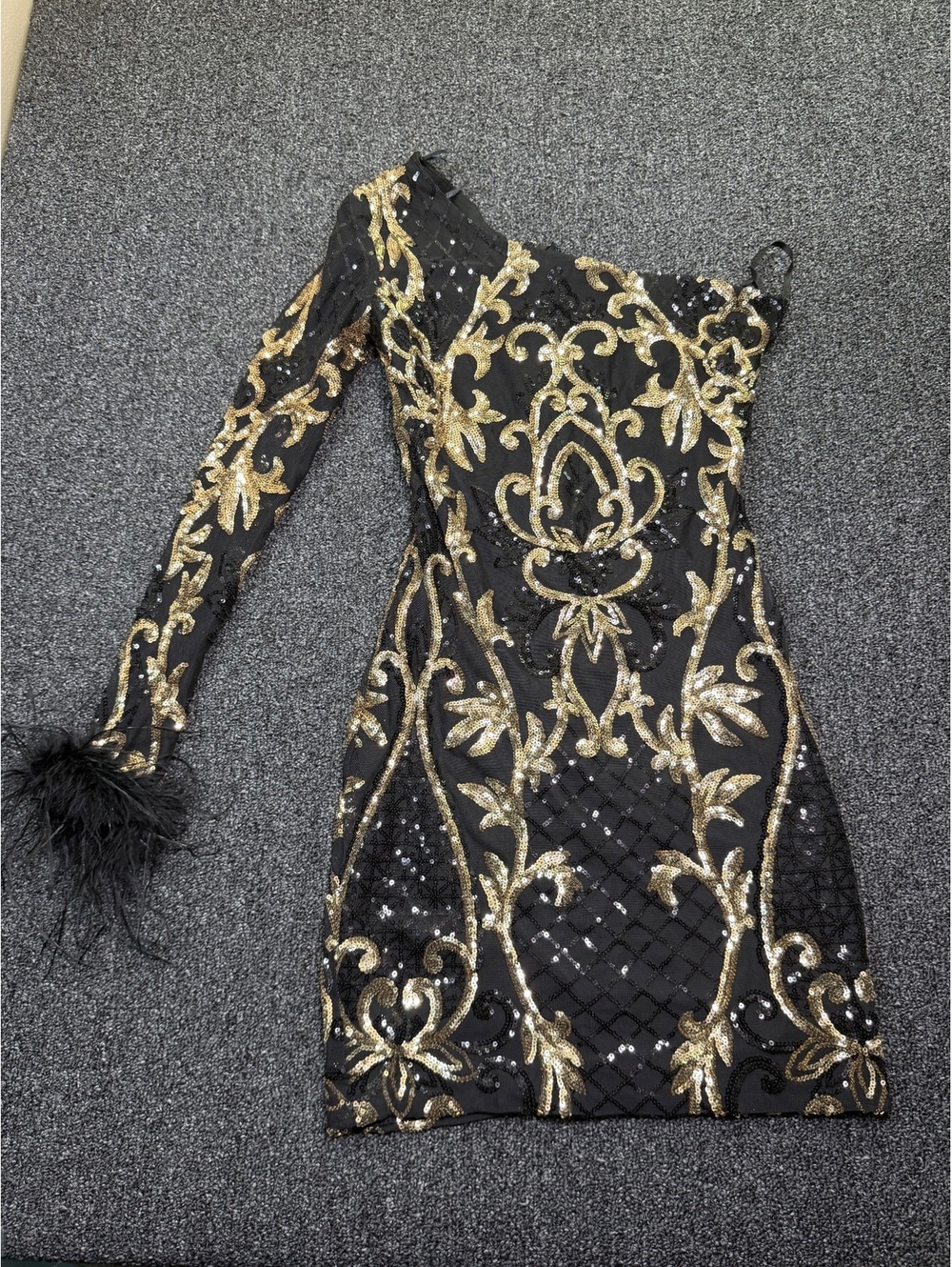 Blondie Nites Black and Gold Sequin One-Shoulder Dress with Feather Cuffs